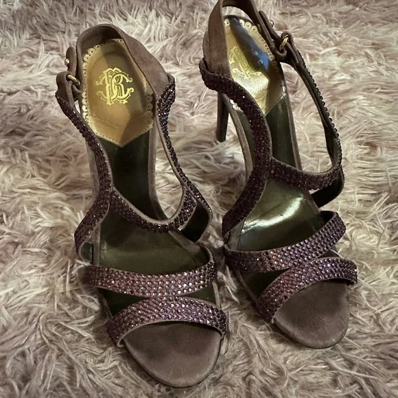 Roberto Cavalli Women Purple Suede Crystal Embellished Strappy Sandal Heel 37 7 - Picture 3 of 16
